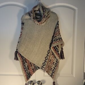 Boho Beige Patterned Cowl Neck Poncho